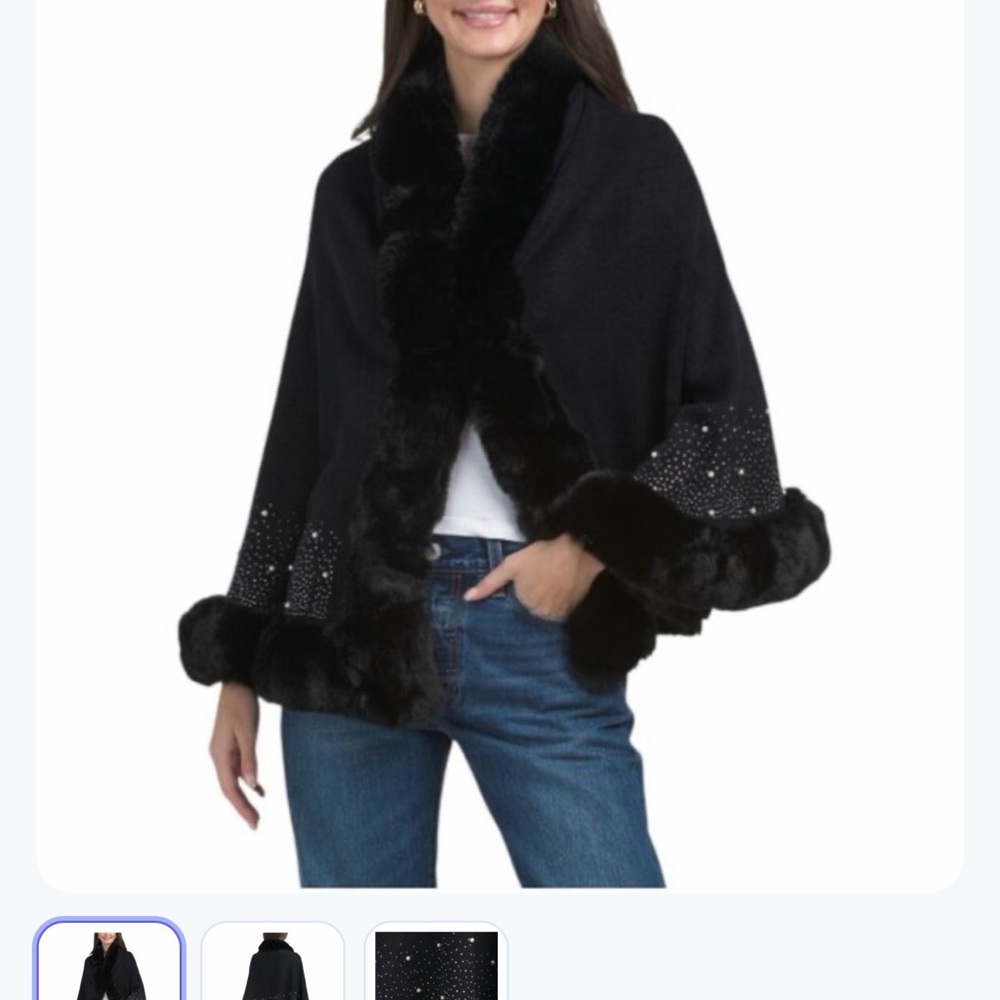 Max Studio Black Faux Fur Trim Cape with Studded Detail